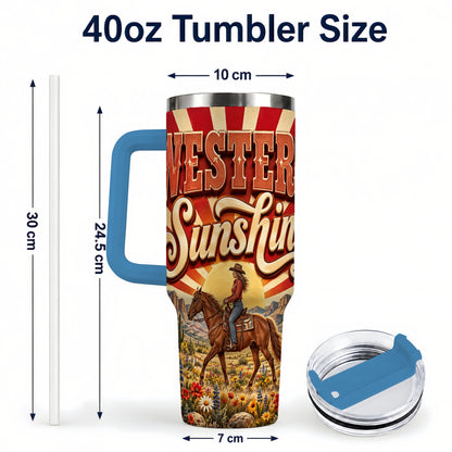 #pl[40oz|Blue] Retro Cowgirl 40oz Tumbler with Handle, Desert Horse Travel Cup