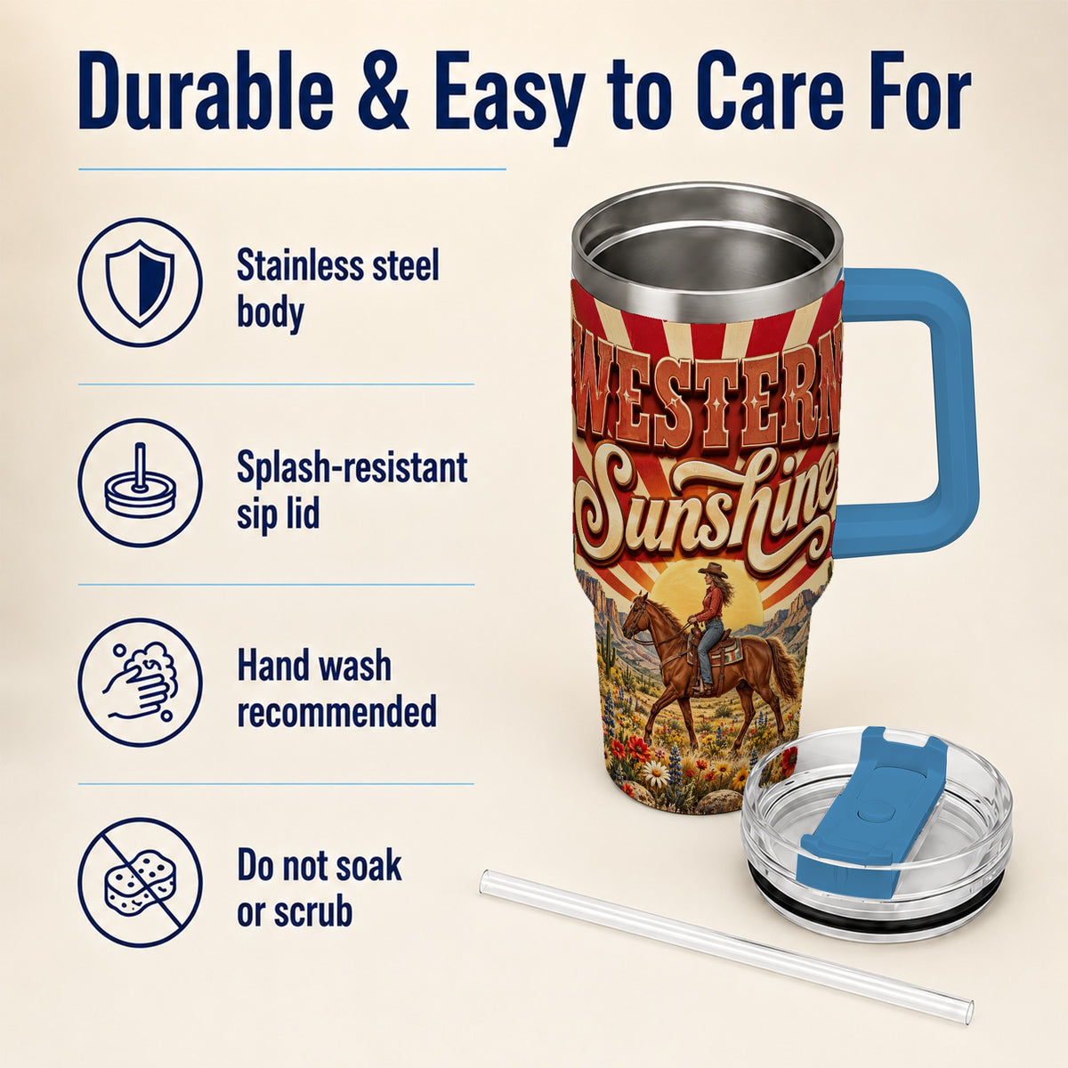 #pl[40oz|Blue] Retro Cowgirl 40oz Tumbler with Handle, Desert Horse Travel Cup