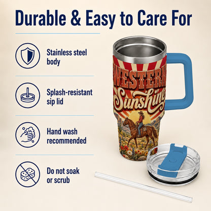 #pl[40oz|Blue] Retro Cowgirl 40oz Tumbler with Handle, Desert Horse Travel Cup