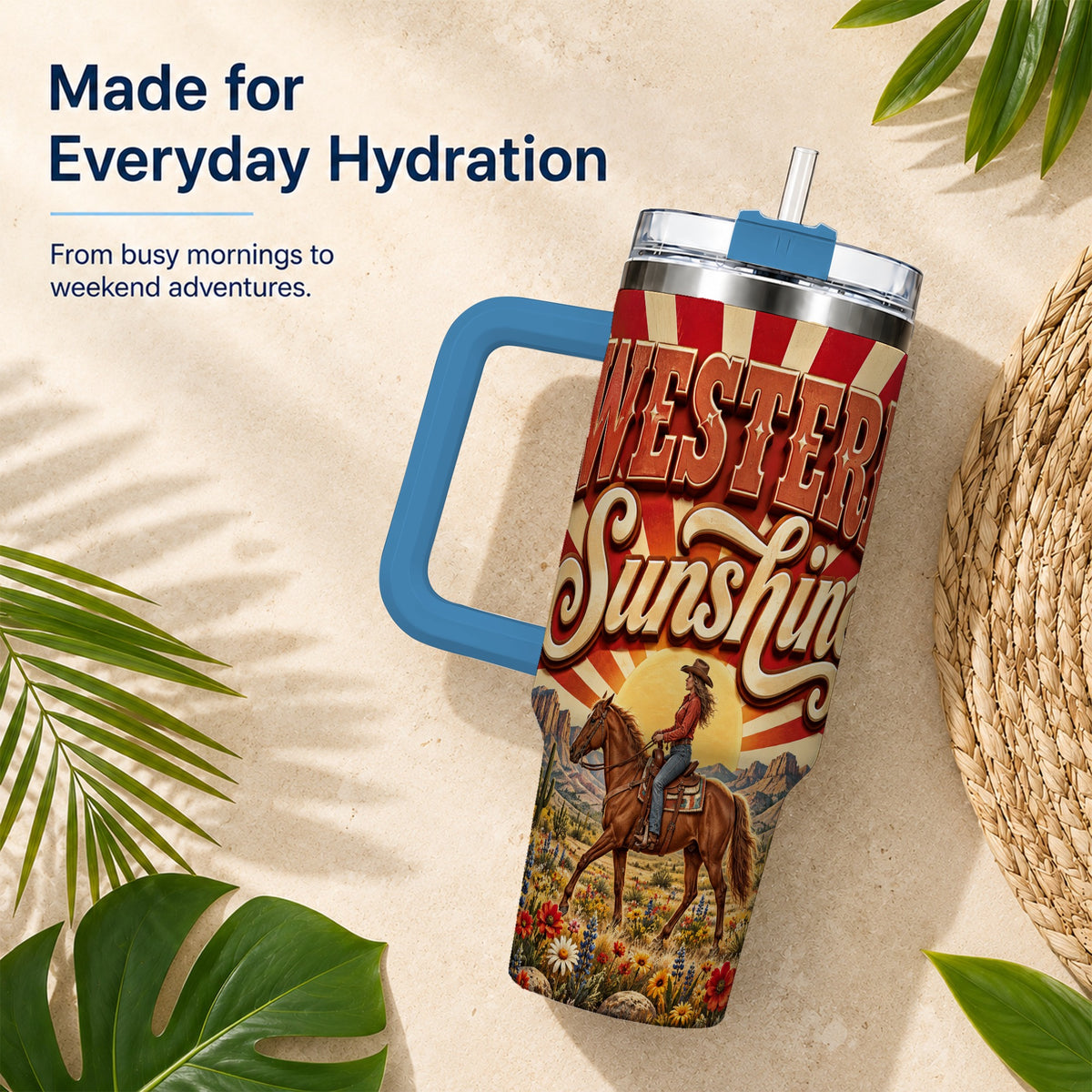 #pl[40oz|Blue] Retro Cowgirl 40oz Tumbler with Handle, Desert Horse Travel Cup