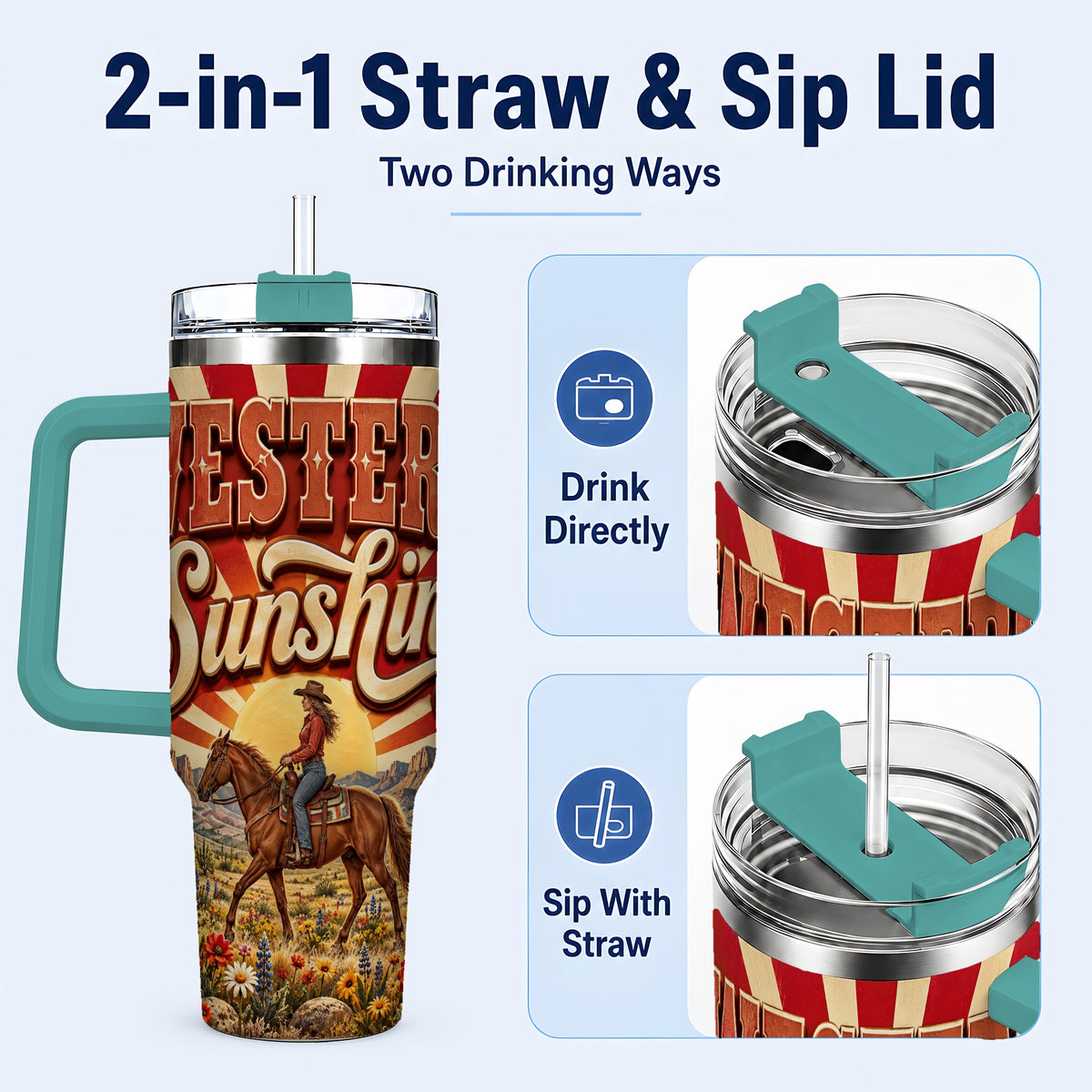 #pl[40oz|Green] Retro Cowgirl 40oz Tumbler with Handle, Desert Horse Travel Cup