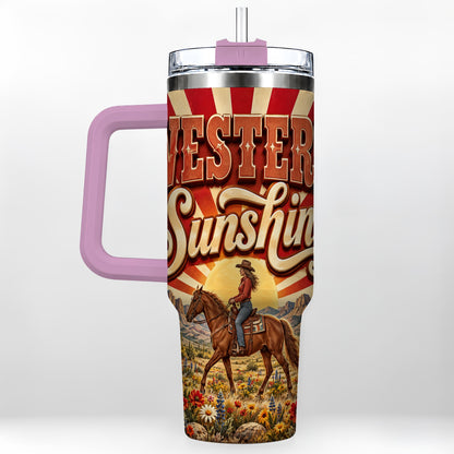 #pl[40oz|Pink] Retro Cowgirl 40oz Tumbler with Handle, Desert Horse Travel Cup