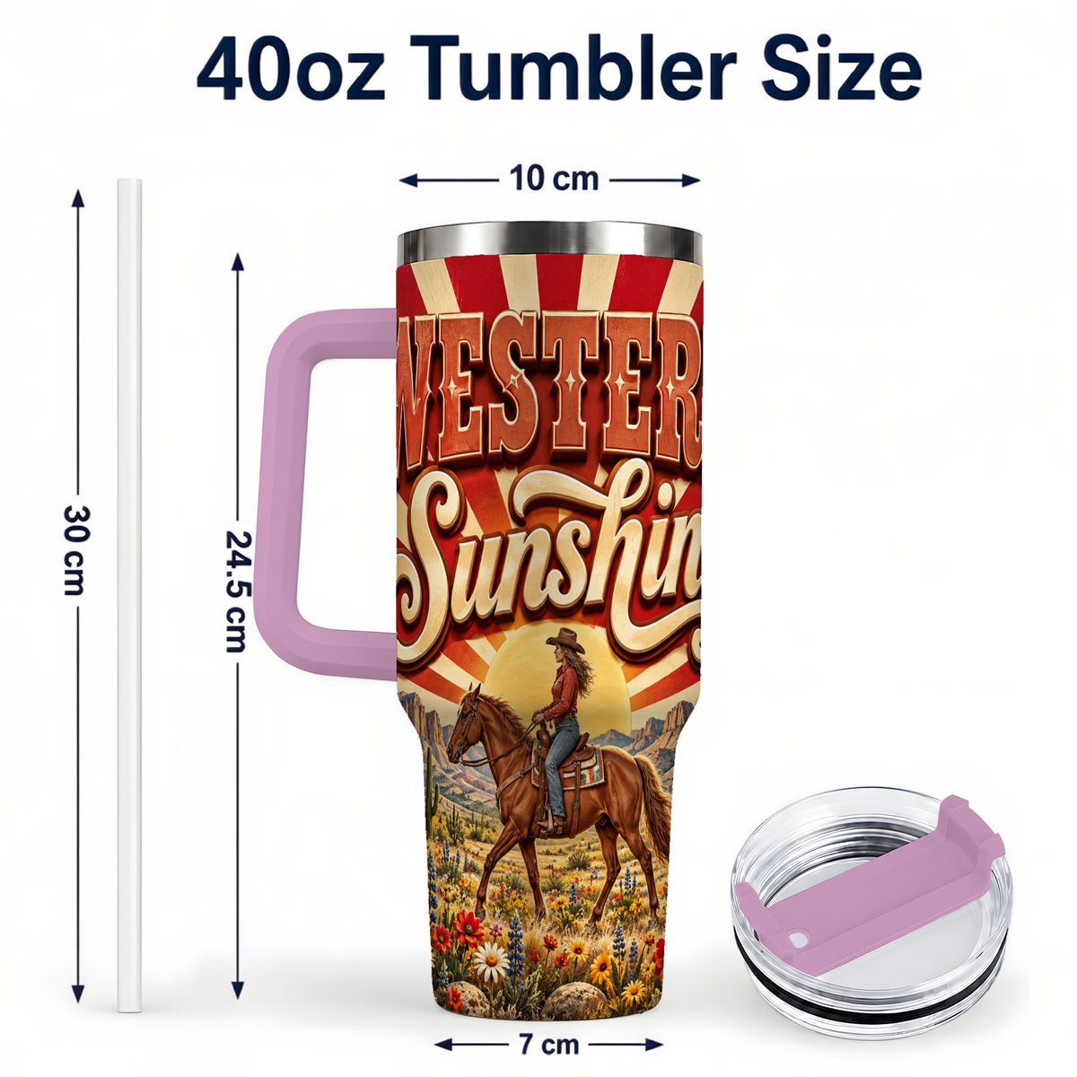 #pl[40oz|Pink] Retro Cowgirl 40oz Tumbler with Handle, Desert Horse Travel Cup