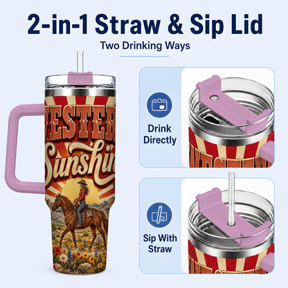 #pl[40oz|Pink] Retro Cowgirl 40oz Tumbler with Handle, Desert Horse Travel Cup