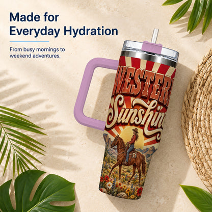 #pl[40oz|Pink] Retro Cowgirl 40oz Tumbler with Handle, Desert Horse Travel Cup