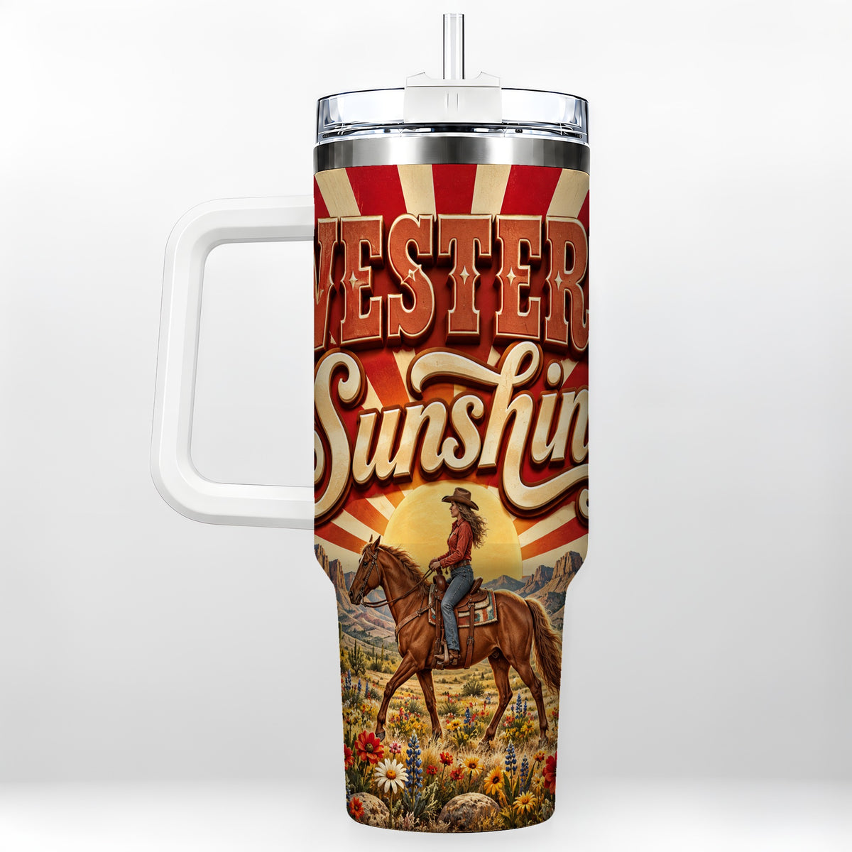 Retro Cowgirl 40oz Tumbler with Handle, Desert Horse Travel Cup