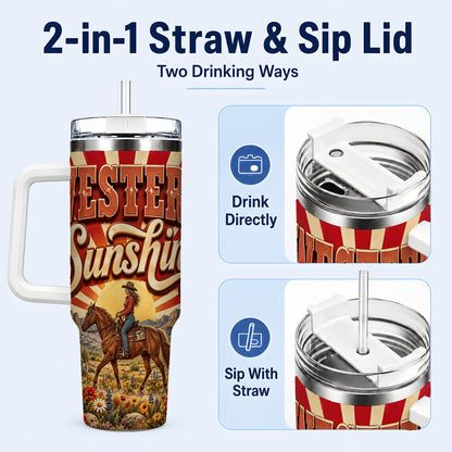 #pl[40oz|White] Retro Cowgirl 40oz Tumbler with Handle, Desert Horse Travel Cup