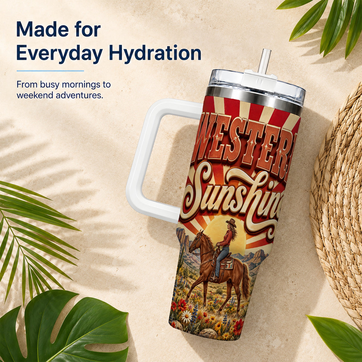 #pl[40oz|White] Retro Cowgirl 40oz Tumbler with Handle, Desert Horse Travel Cup