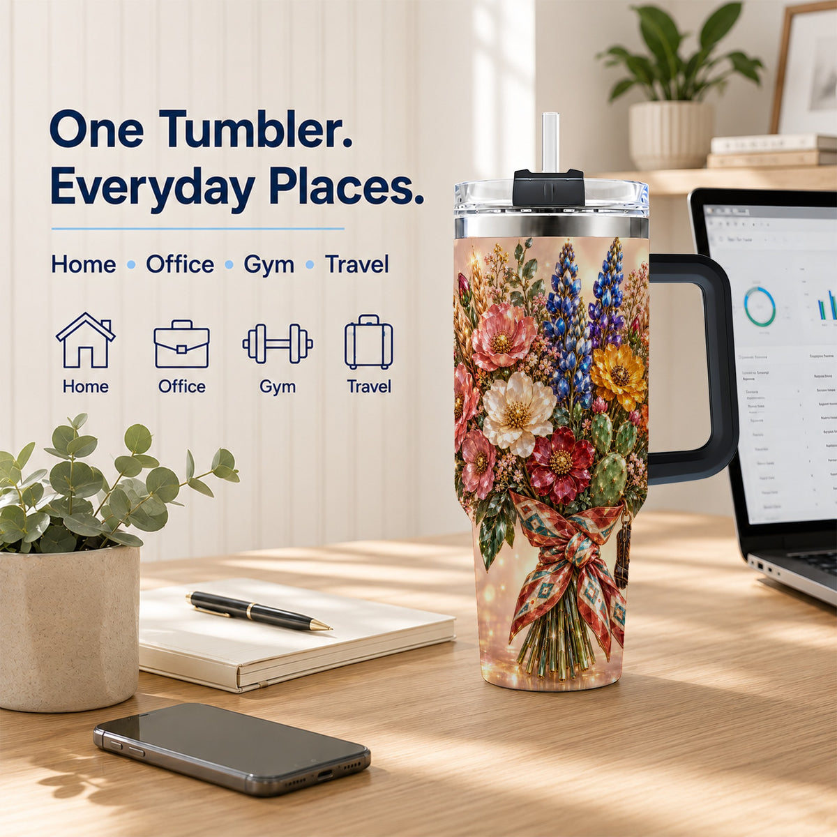#pl[40oz|Black] Western Wildflower 40oz Tumbler with Handle, Floral Travel Cup