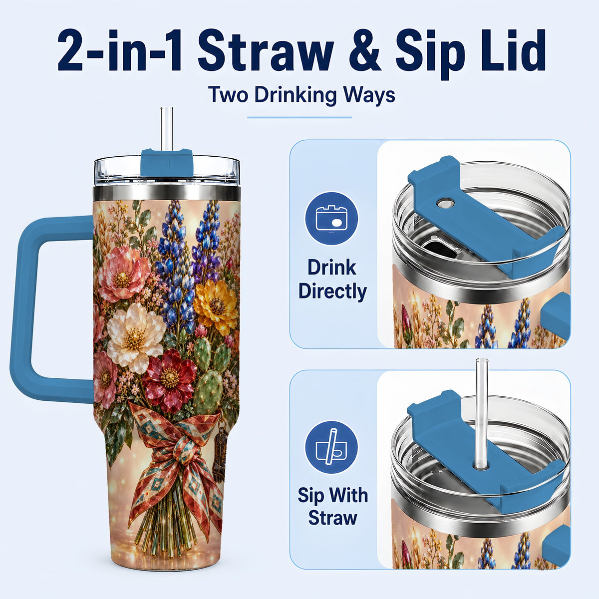 #pl[40oz|Blue] Western Wildflower 40oz Tumbler with Handle, Floral Travel Cup