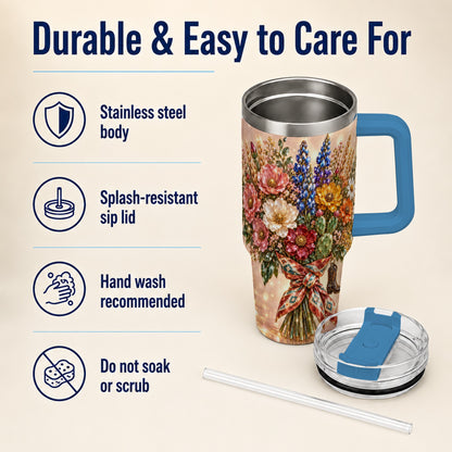 #pl[40oz|Blue] Western Wildflower 40oz Tumbler with Handle, Floral Travel Cup