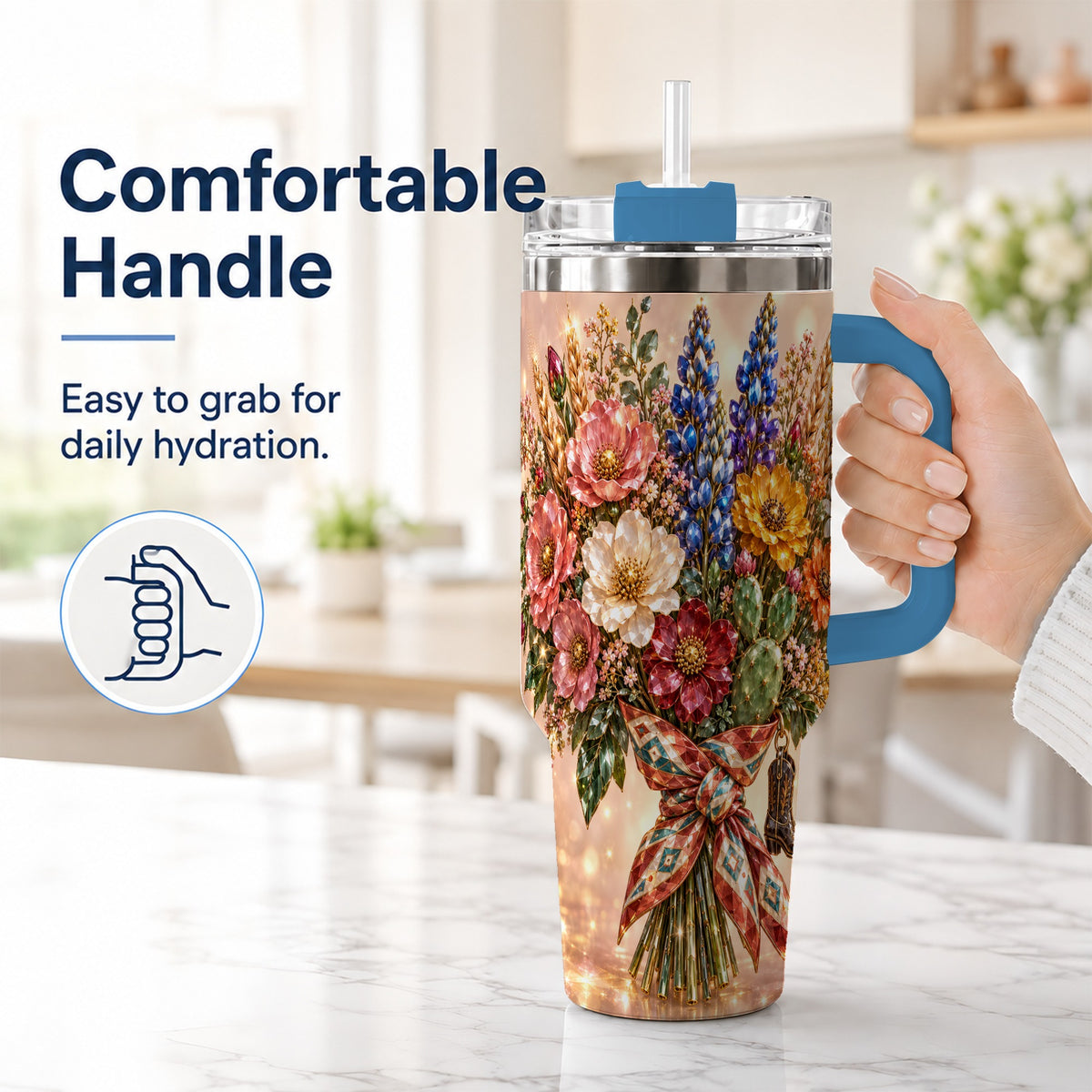 #pl[40oz|Blue] Western Wildflower 40oz Tumbler with Handle, Floral Travel Cup