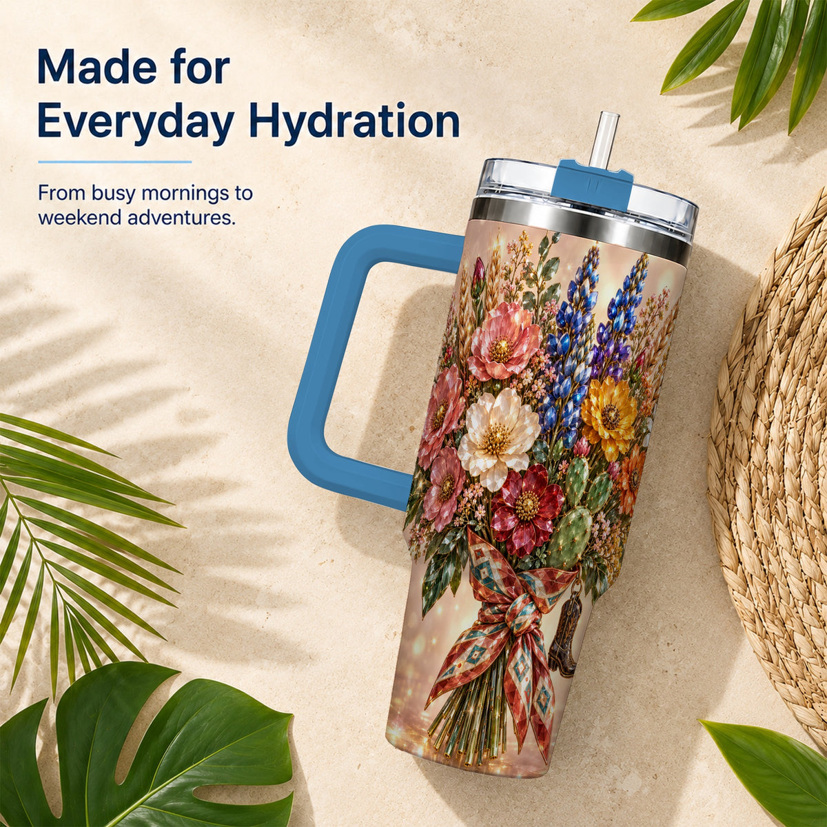 #pl[40oz|Blue] Western Wildflower 40oz Tumbler with Handle, Floral Travel Cup