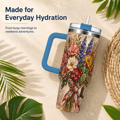 #pl[40oz|Blue] Western Wildflower 40oz Tumbler with Handle, Floral Travel Cup