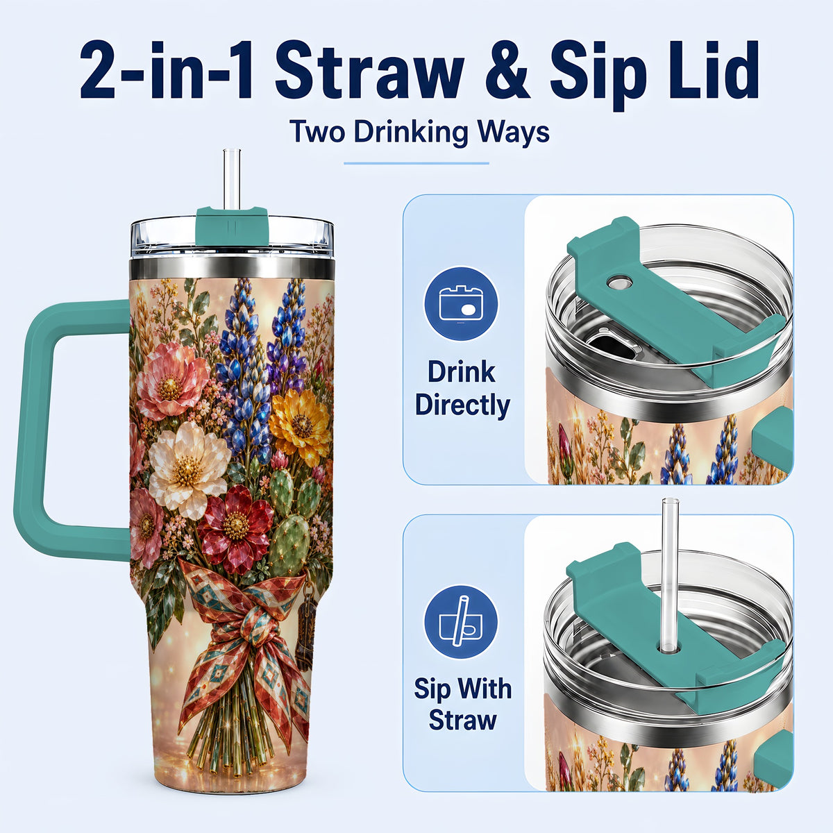 #pl[40oz|Green] Western Wildflower 40oz Tumbler with Handle, Floral Travel Cup