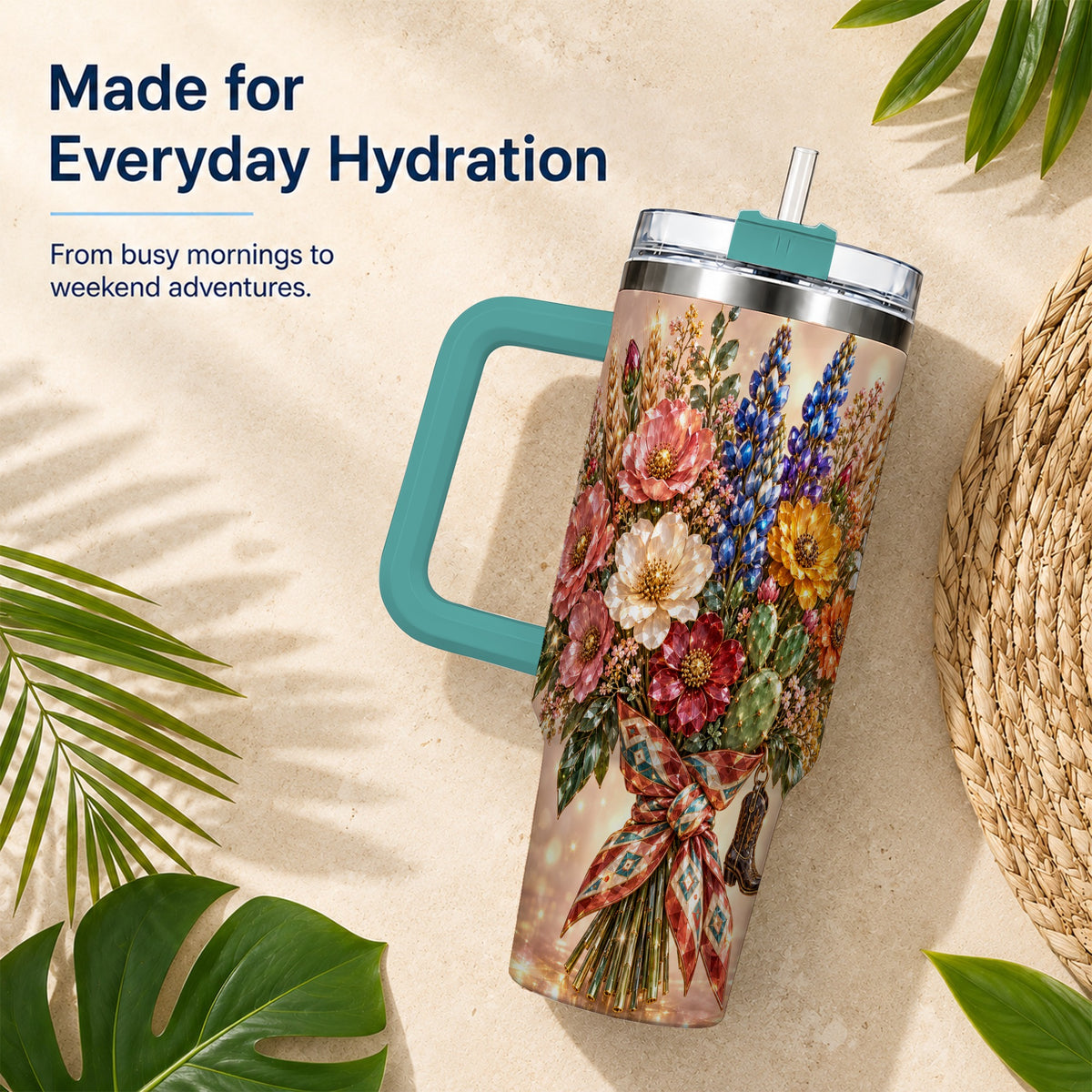 #pl[40oz|Green] Western Wildflower 40oz Tumbler with Handle, Floral Travel Cup
