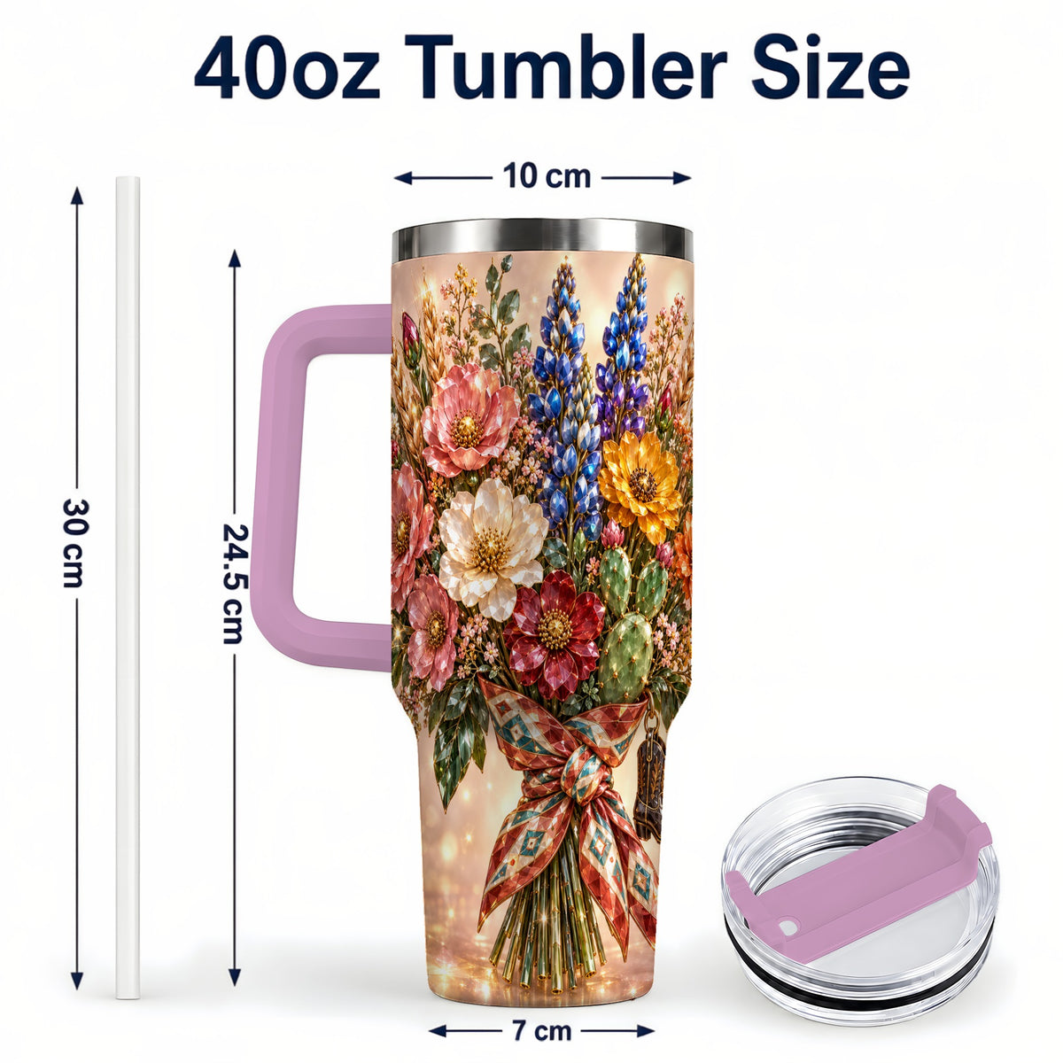 #pl[40oz|Pink] Western Wildflower 40oz Tumbler with Handle, Floral Travel Cup