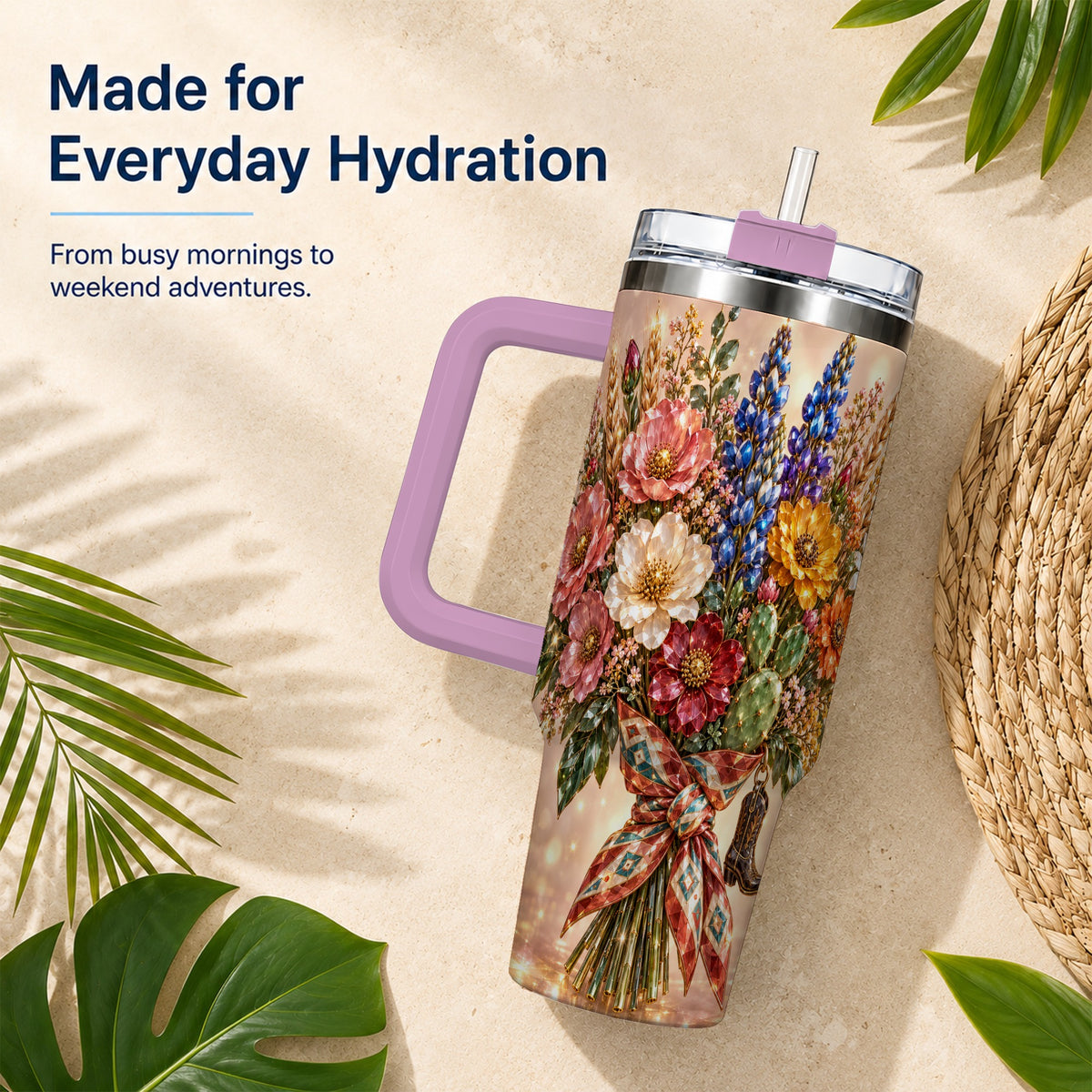 #pl[40oz|Pink] Western Wildflower 40oz Tumbler with Handle, Floral Travel Cup