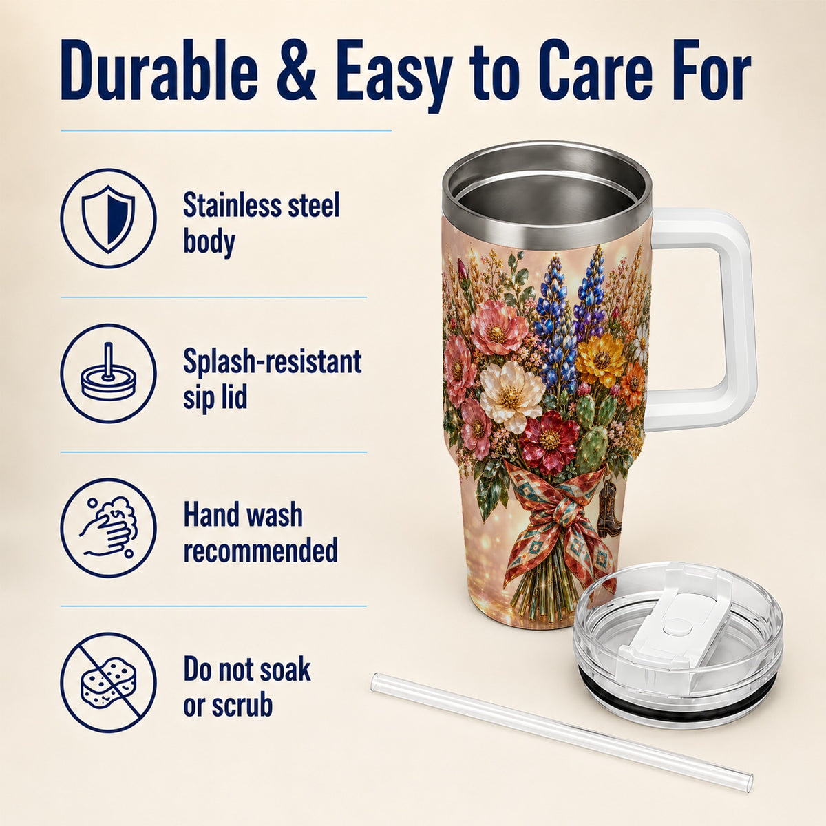 #pl[40oz|White] Western Wildflower 40oz Tumbler with Handle, Floral Travel Cup