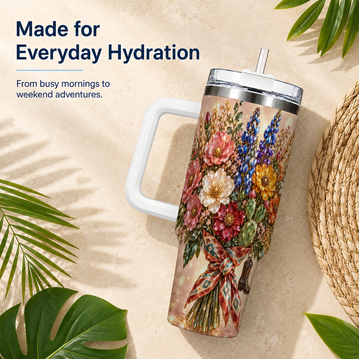 #pl[40oz|White] Western Wildflower 40oz Tumbler with Handle, Floral Travel Cup