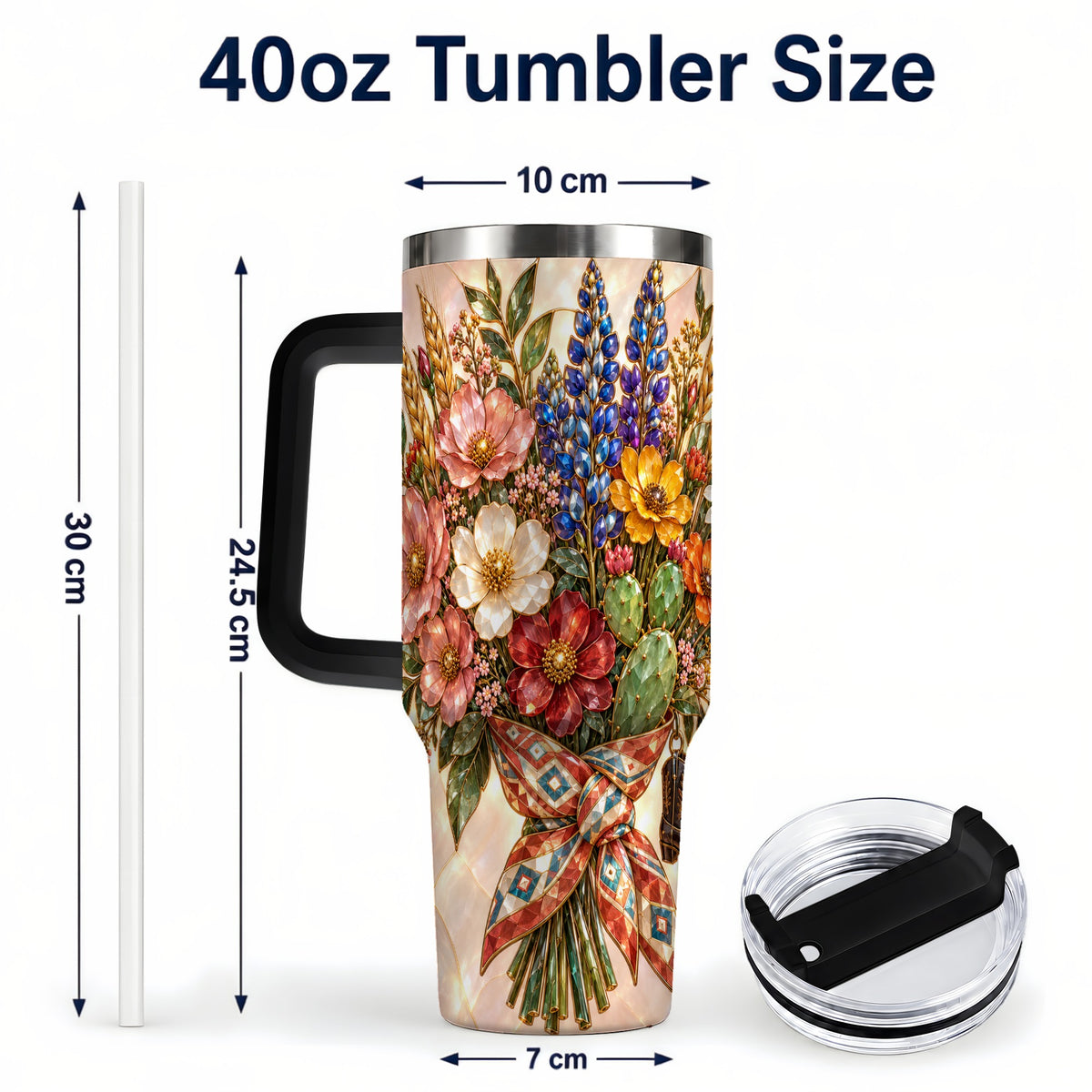 #pl[40oz|Black] Stained Glass Wildflower 40oz Tumbler with Handle, Western Floral Cup