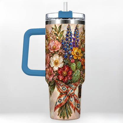 #pl[40oz|Blue] Stained Glass Wildflower 40oz Tumbler with Handle, Western Floral Cup