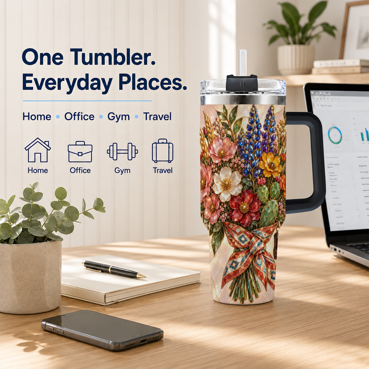 #pl[40oz|Black] Stained Glass Wildflower 40oz Tumbler with Handle, Western Floral Cup