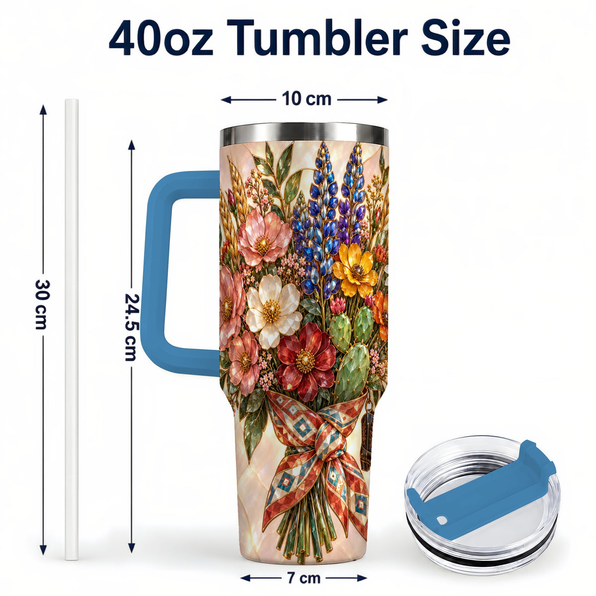 #pl[40oz|Blue] Stained Glass Wildflower 40oz Tumbler with Handle, Western Floral Cup