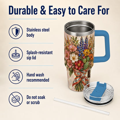 #pl[40oz|Blue] Stained Glass Wildflower 40oz Tumbler with Handle, Western Floral Cup