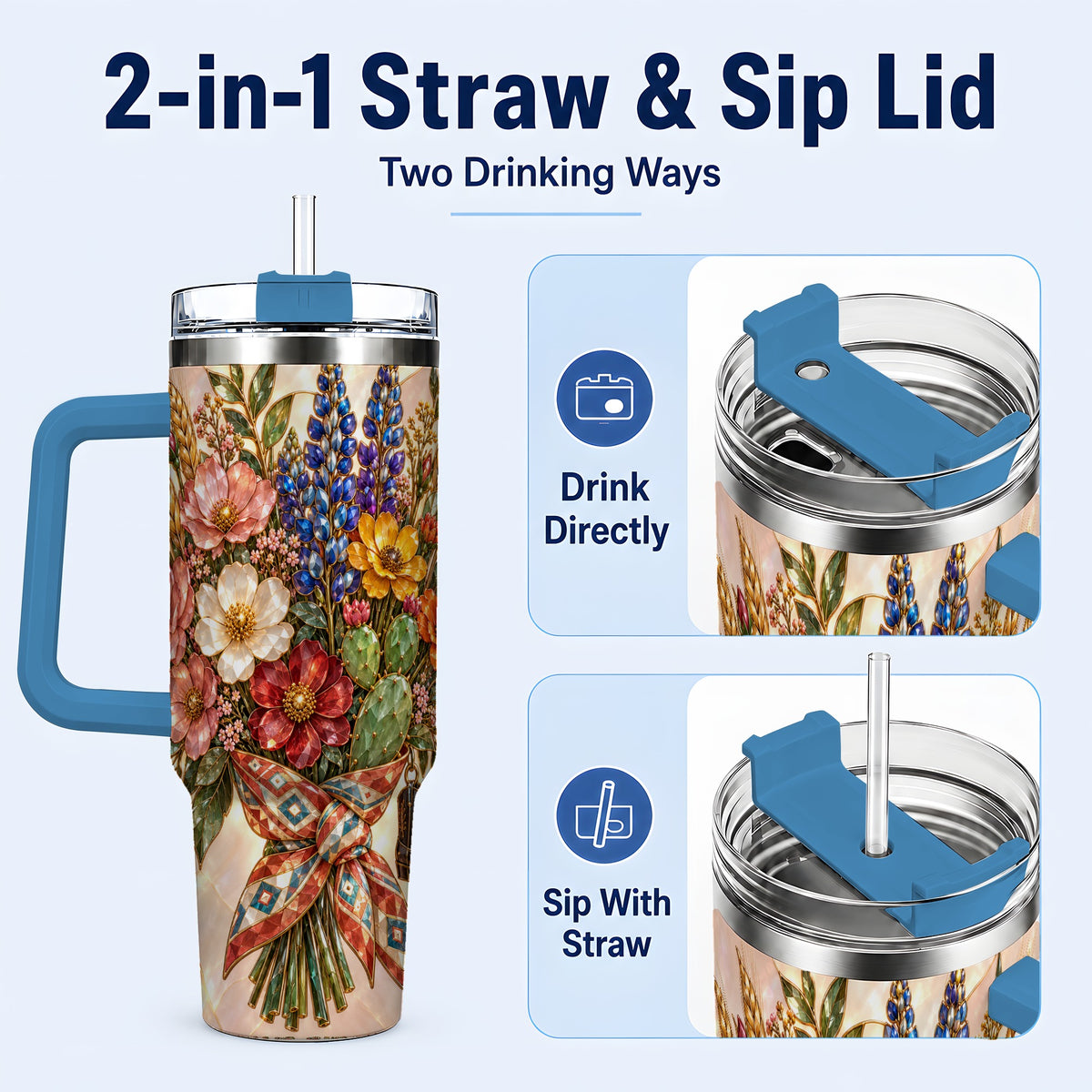 #pl[40oz|Blue] Stained Glass Wildflower 40oz Tumbler with Handle, Western Floral Cup