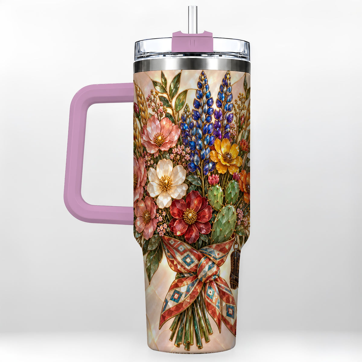 #pl[40oz|Pink] Stained Glass Wildflower 40oz Tumbler with Handle, Western Floral Cup