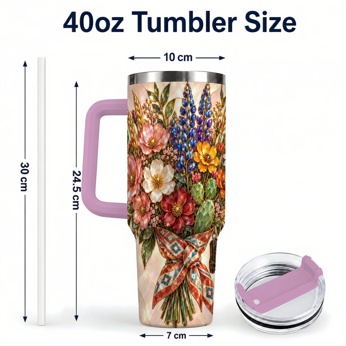 #pl[40oz|Pink] Stained Glass Wildflower 40oz Tumbler with Handle, Western Floral Cup
