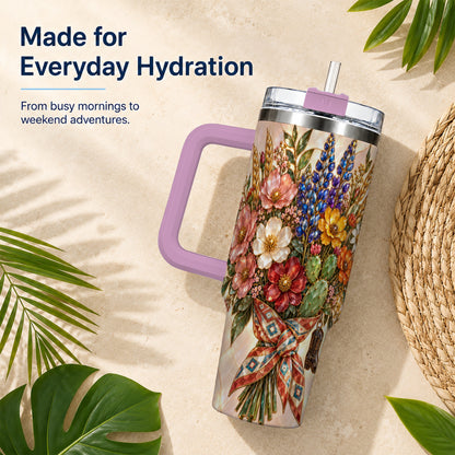 #pl[40oz|Pink] Stained Glass Wildflower 40oz Tumbler with Handle, Western Floral Cup