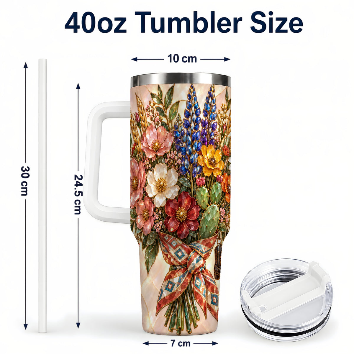 #pl[40oz|White] Stained Glass Wildflower 40oz Tumbler with Handle, Western Floral Cup