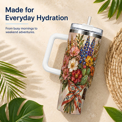 #pl[40oz|White] Stained Glass Wildflower 40oz Tumbler with Handle, Western Floral Cup