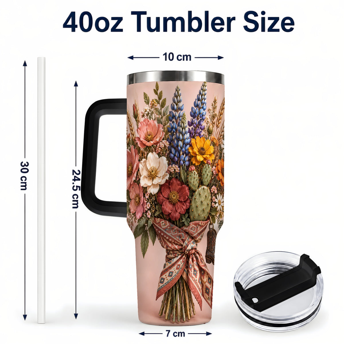 #pl[40oz|Black] Western Bouquet 40oz Tumbler with Handle, Cowgirl Floral Travel Cup