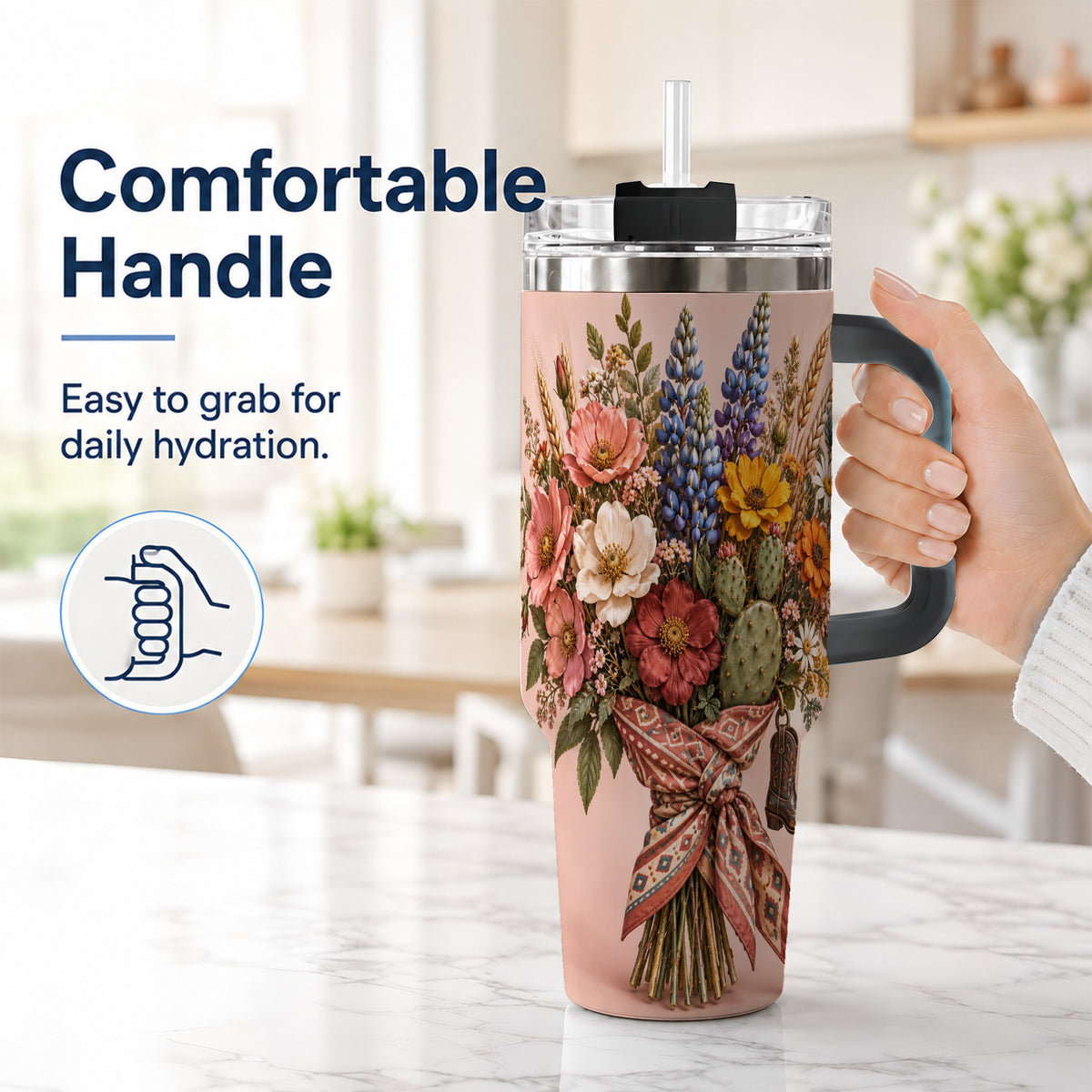 #pl[40oz|Black] Western Bouquet 40oz Tumbler with Handle, Cowgirl Floral Travel Cup