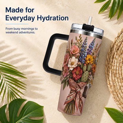 #pl[40oz|Black] Western Bouquet 40oz Tumbler with Handle, Cowgirl Floral Travel Cup