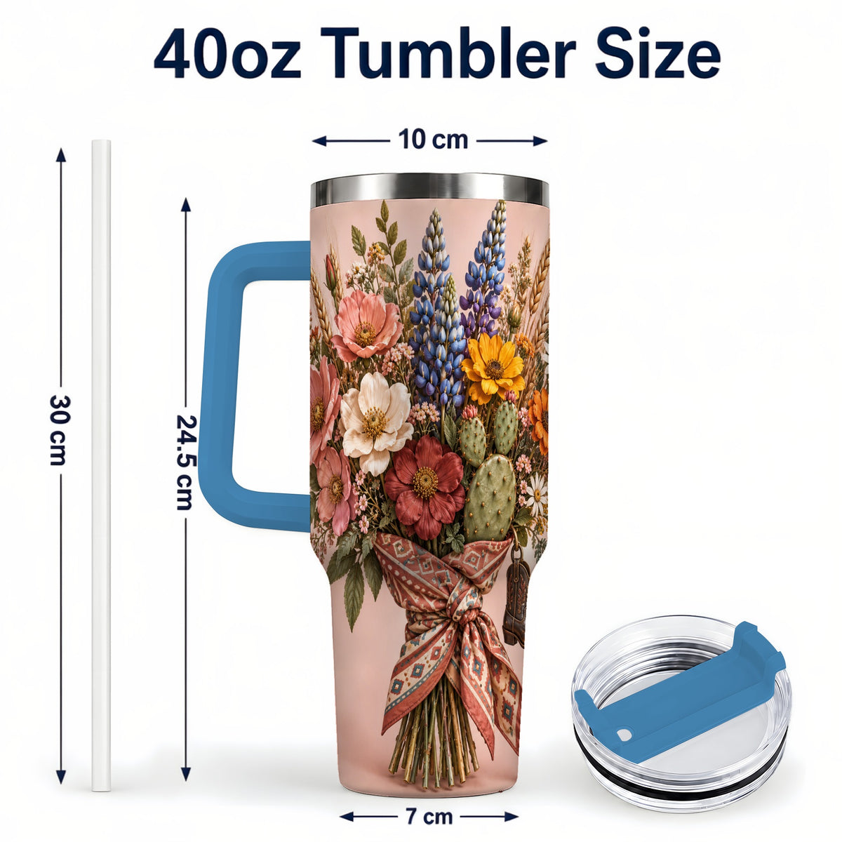 #pl[40oz|Blue] Western Bouquet 40oz Tumbler with Handle, Cowgirl Floral Travel Cup