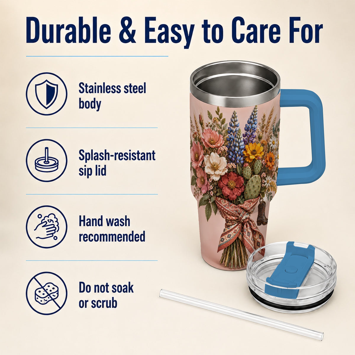 #pl[40oz|Blue] Western Bouquet 40oz Tumbler with Handle, Cowgirl Floral Travel Cup