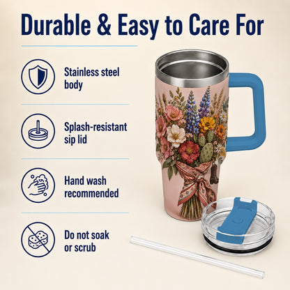 #pl[40oz|Blue] Western Bouquet 40oz Tumbler with Handle, Cowgirl Floral Travel Cup