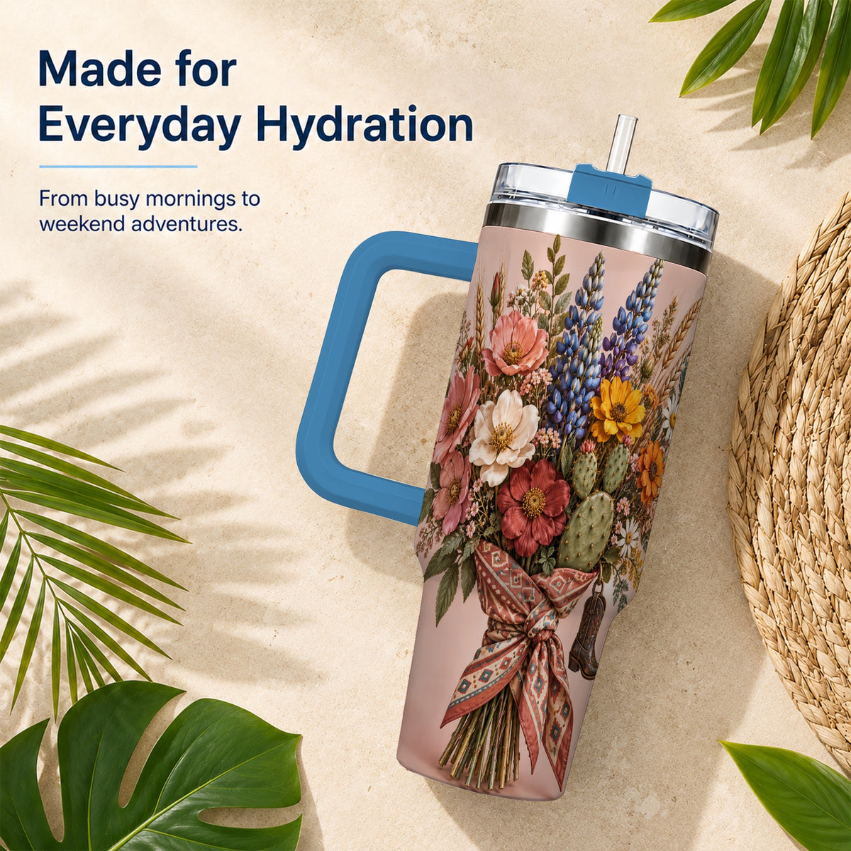 #pl[40oz|Blue] Western Bouquet 40oz Tumbler with Handle, Cowgirl Floral Travel Cup