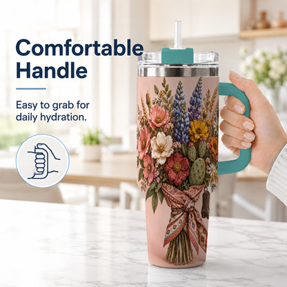 #pl[40oz|Green] Western Bouquet 40oz Tumbler with Handle, Cowgirl Floral Travel Cup
