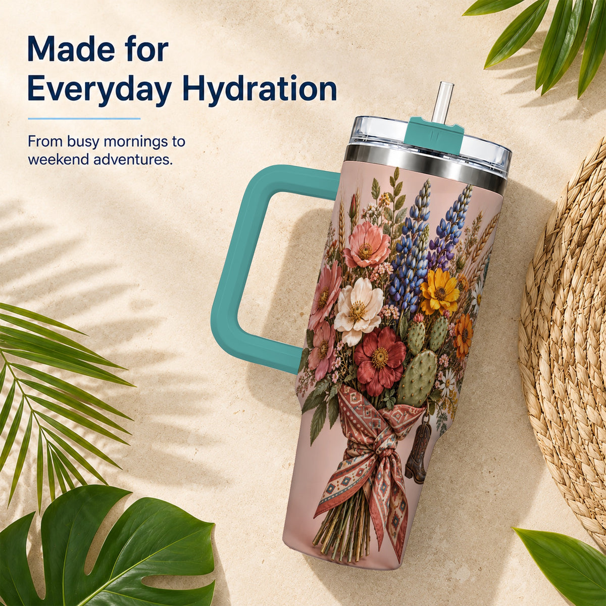 #pl[40oz|Green] Western Bouquet 40oz Tumbler with Handle, Cowgirl Floral Travel Cup