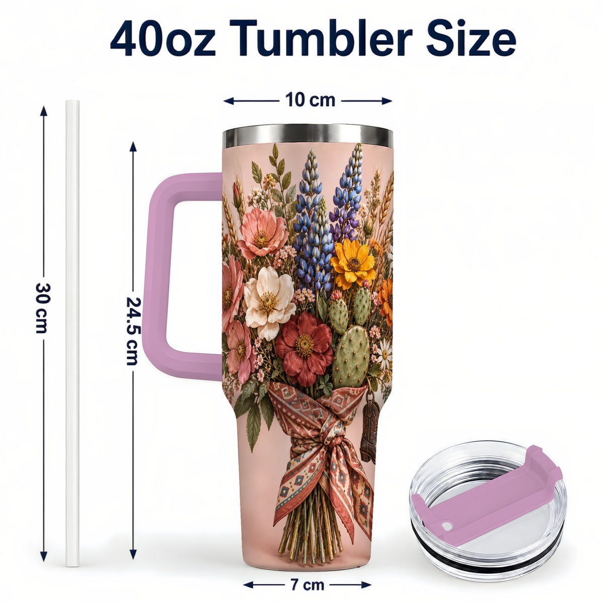 #pl[40oz|Pink] Western Bouquet 40oz Tumbler with Handle, Cowgirl Floral Travel Cup