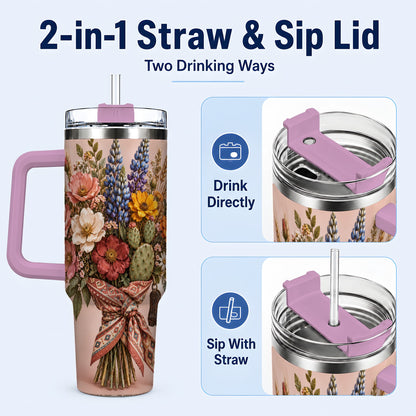 #pl[40oz|Pink] Western Bouquet 40oz Tumbler with Handle, Cowgirl Floral Travel Cup