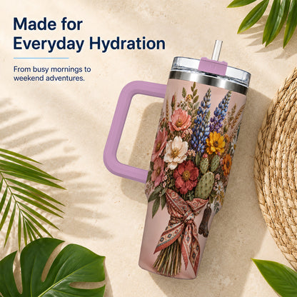 #pl[40oz|Pink] Western Bouquet 40oz Tumbler with Handle, Cowgirl Floral Travel Cup