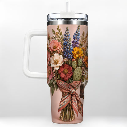 Western Bouquet 40oz Tumbler with Handle, Cowgirl Floral Travel Cup