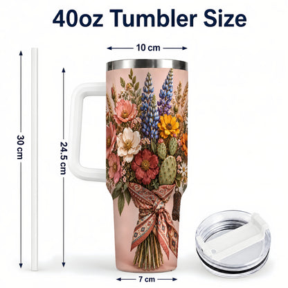 #pl[40oz|White] Western Bouquet 40oz Tumbler with Handle, Cowgirl Floral Travel Cup