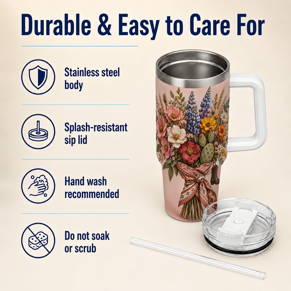 #pl[40oz|White] Western Bouquet 40oz Tumbler with Handle, Cowgirl Floral Travel Cup